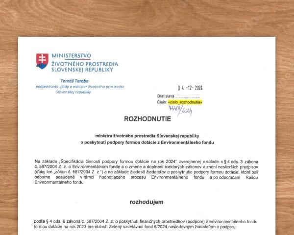 Rozhodnutie ministra životného prostredia o poskytnutí podpory
